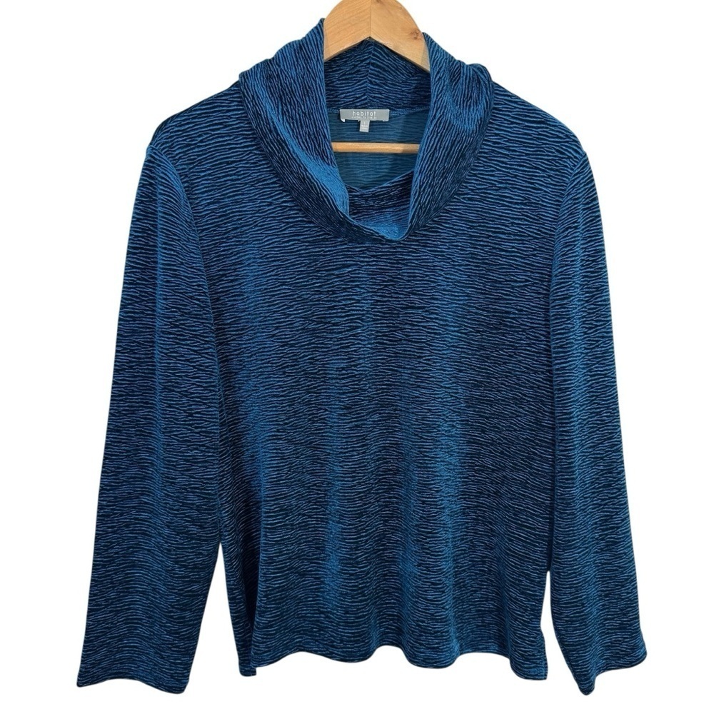 Habitat Tube Neck Pullover Top L Teal Blue Textured Long Sleeve Shirt Sweatshirt